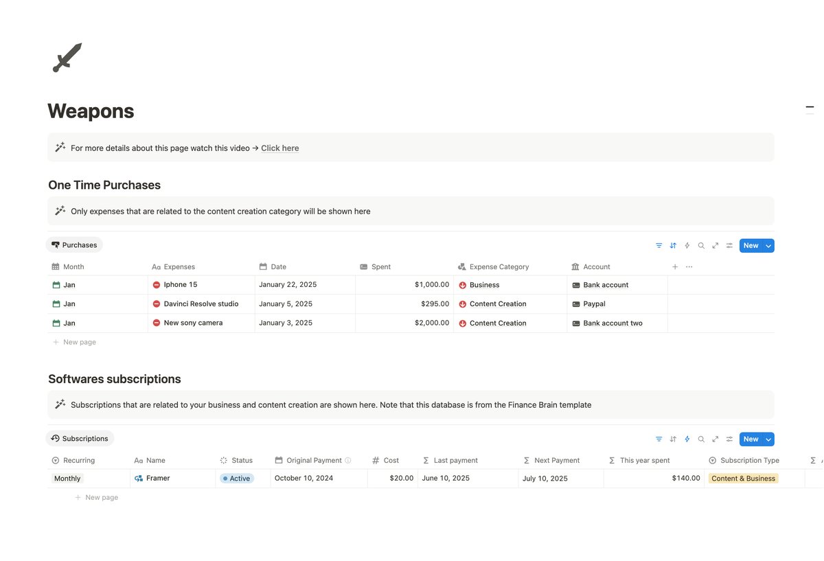 The Creator Brain system works hand-in-hand with the Finance Brain.  

Affiliate deals, sponsorships, product sales, and earnings go directly into your income tracking.  

And there's the Weapons page, where you see only the tools, apps, and subscriptions that power your content