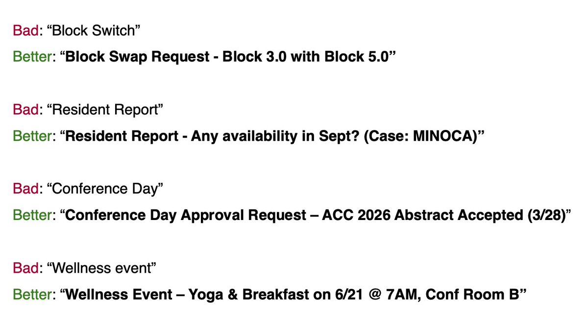 As Chief Resident, I sat through a sea of emails daily. One thing became clear: people underuse the SUBJECT line. 

Bad: “Step 3 exam”
Better: “Day Off Request on Floors – Step 3 Exam (12/4, Fri)”

Clear subject = faster triage. 
#MedTwitter #EmailEtiquette #UXinMedicine #GME