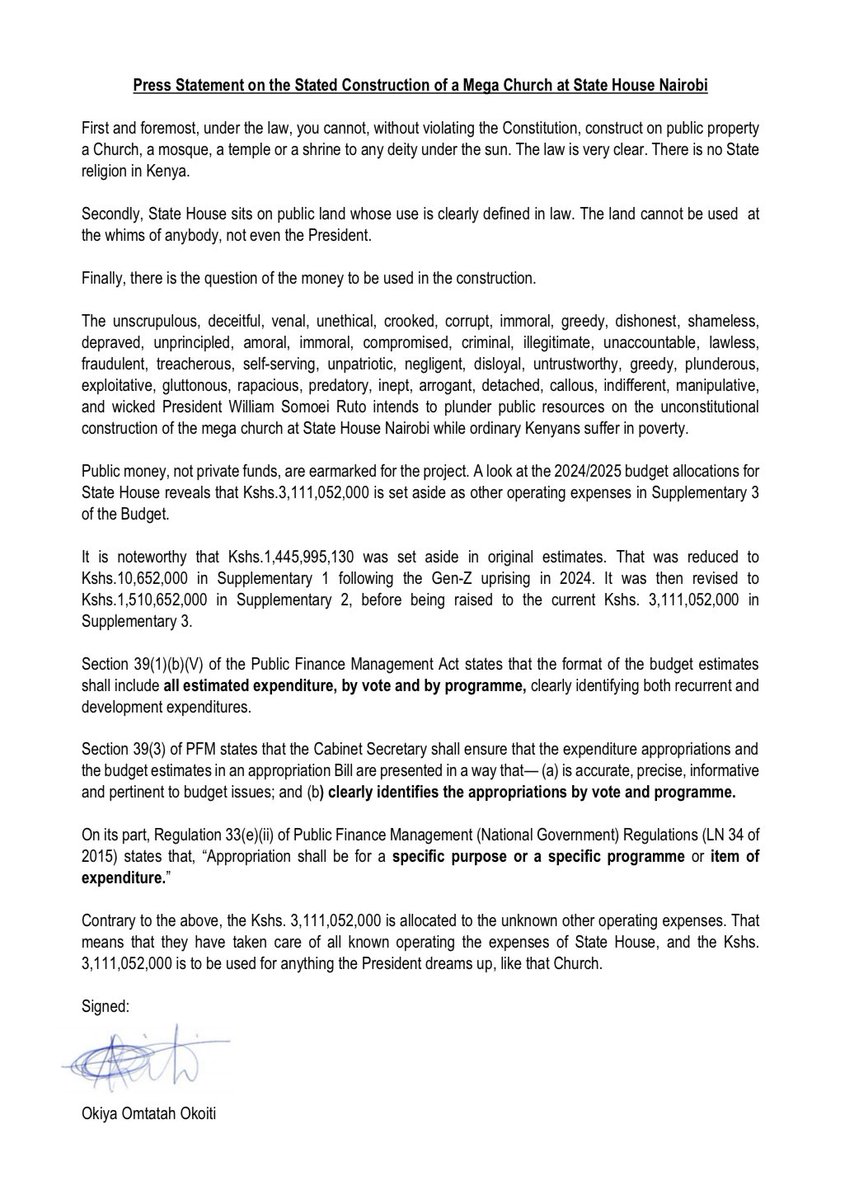 Okiya Omtatah Okoiti (@okiyaomtatah) on Twitter photo As families struggle to put food on the table, an unscrupulous, deceitful, unethical, immoral, greedy, dishonest, shameless, criminal, inept, manipulative, self-serving, and corrupt President <a href="/WilliamsRuto/">William Samoei Ruto, PhD</a> plans to plunder billions of our money to build an illegal mega church As families struggle to put food on the table, an unscrupulous, deceitful, unethical, immoral, greedy, dishonest, shameless, criminal, inept, manipulative, self-serving, and corrupt President <a href="/WilliamsRuto/">William Samoei Ruto, PhD</a> plans to plunder billions of our money to build an illegal mega church
