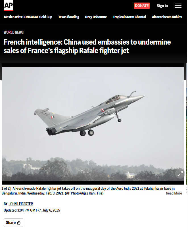🇮🇩🇫🇷🇨🇳 "defense attaches in China’s foreign embassies led a charge to undermine Rafale sales, seeking to persuade countries that have already ordered the French-made fighter—notably Indonesia—not to buy more and to encourage other potential buyers to choose Chinese-made planes"