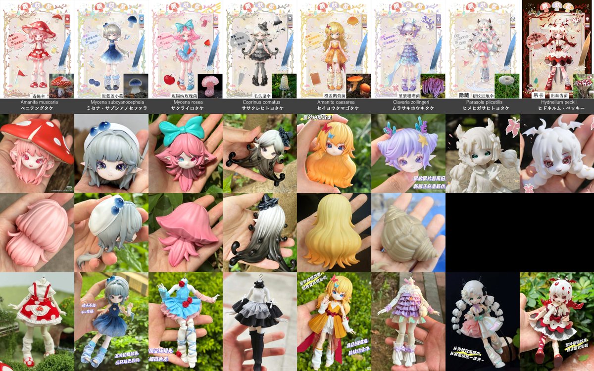 ブラインドボックス情報
画像まとめ（随時更新）
未命名.bjd「蘑菇菌／キノコちゃん」シリーズ
擬人化キノコ、1/12 素体高14cm
通常6：毒蝇伞、近蓝盖小菇、迈锡纳玫瑰菌、毛头鬼伞、橙盖鹅膏菌、堇紫珊瑚菌
隠し：褶纹近地伞
吊卡：出血齿菌