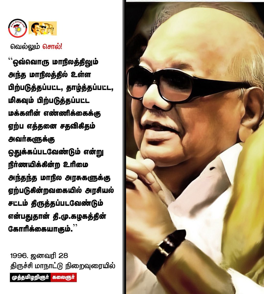 Durai_AshwinRaj's tweet photo. ''ஒவ்வொரு மாநிலத்திலும் அந்த மாநிலத்தில் உள்ள பிற்படுத்தப்பட்ட, தாழ்த்தப்பட்ட, மிகவும் பிற்படுத்தப்பட்ட மக்களின் எண்ணிக்கைக்கு ஏற்ப இட ஒதுக்கீடு செய்து தர வேண்டும்
- 1996 ஜனவரி 28 திருச்சி மாநாட்டு நிறைவுரையில் முத்தமிழறிஞர் கலைஞர்
#வெல்லும்_சொல் #Kalaignar #State_autonomy https://t.co/KfqWmFgkH7