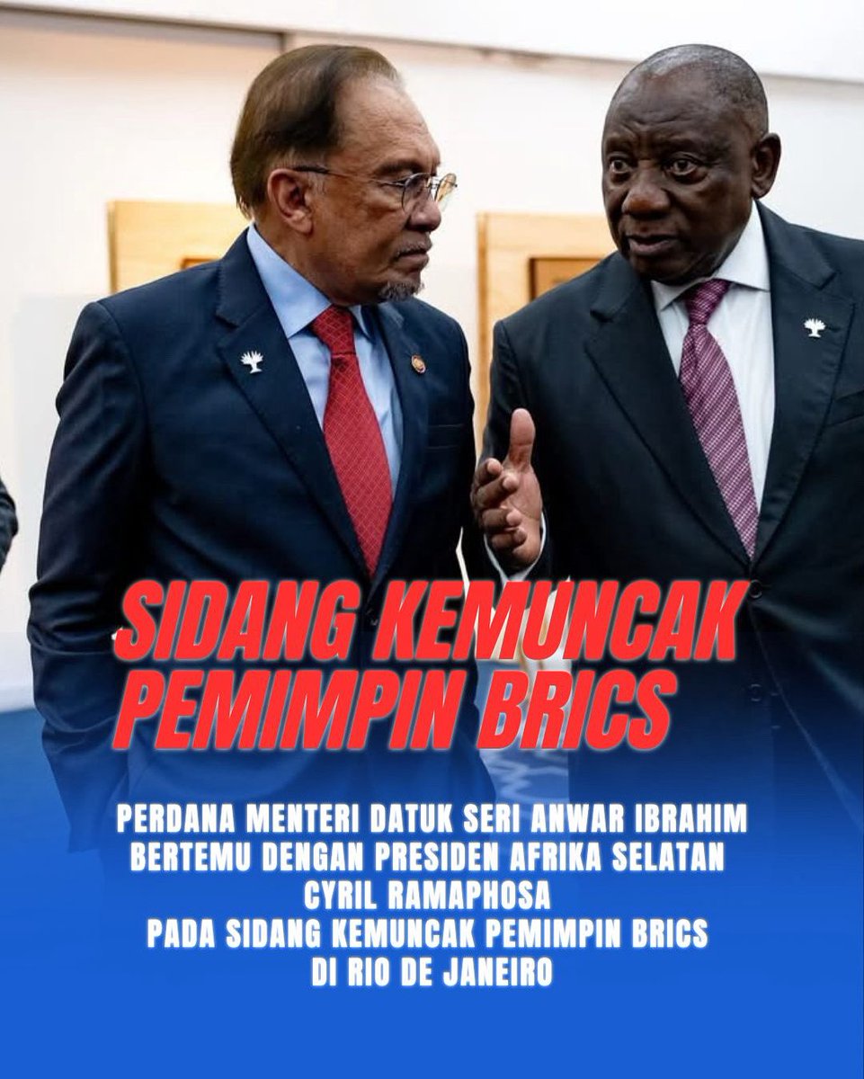 MorazMustafa's tweet photo. Perdana Menteri, YAB Dato’ Seri Anwar Ibrahim mengadakan pertemuan dua hala bersama Presiden Republik Afrika Selatan, Tuan Yang Terutama Cyril Ramaphosa di sela-sela Sidang Kemuncak BRICS Ke-17.
#MalaysiaMADANI
#BRICS2025
#RancakkanMADANI
#TaatSetia https://t.co/GM9wxlW9Z2