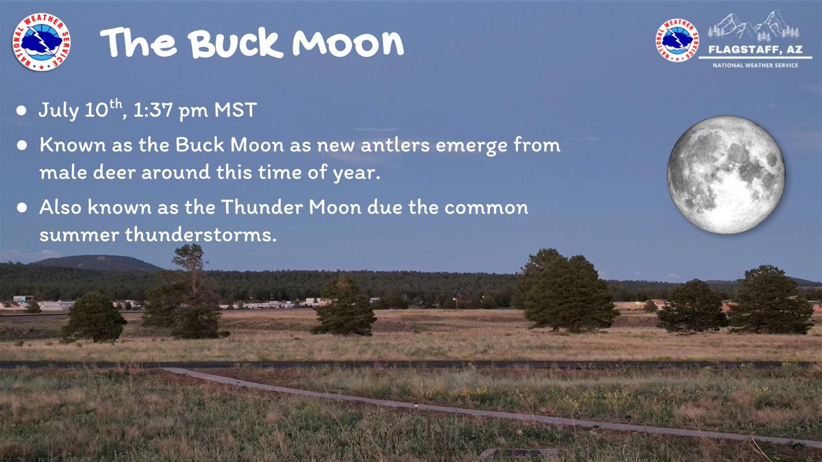 The seventh Full Moon of the year will occur on July 10th at 1:37 PM MST. This is known as the Buck Moon as new antlers emerge from male deer around this time. It’s also known as the Thunder Moon due to the common summer thunderstorms. #azwx