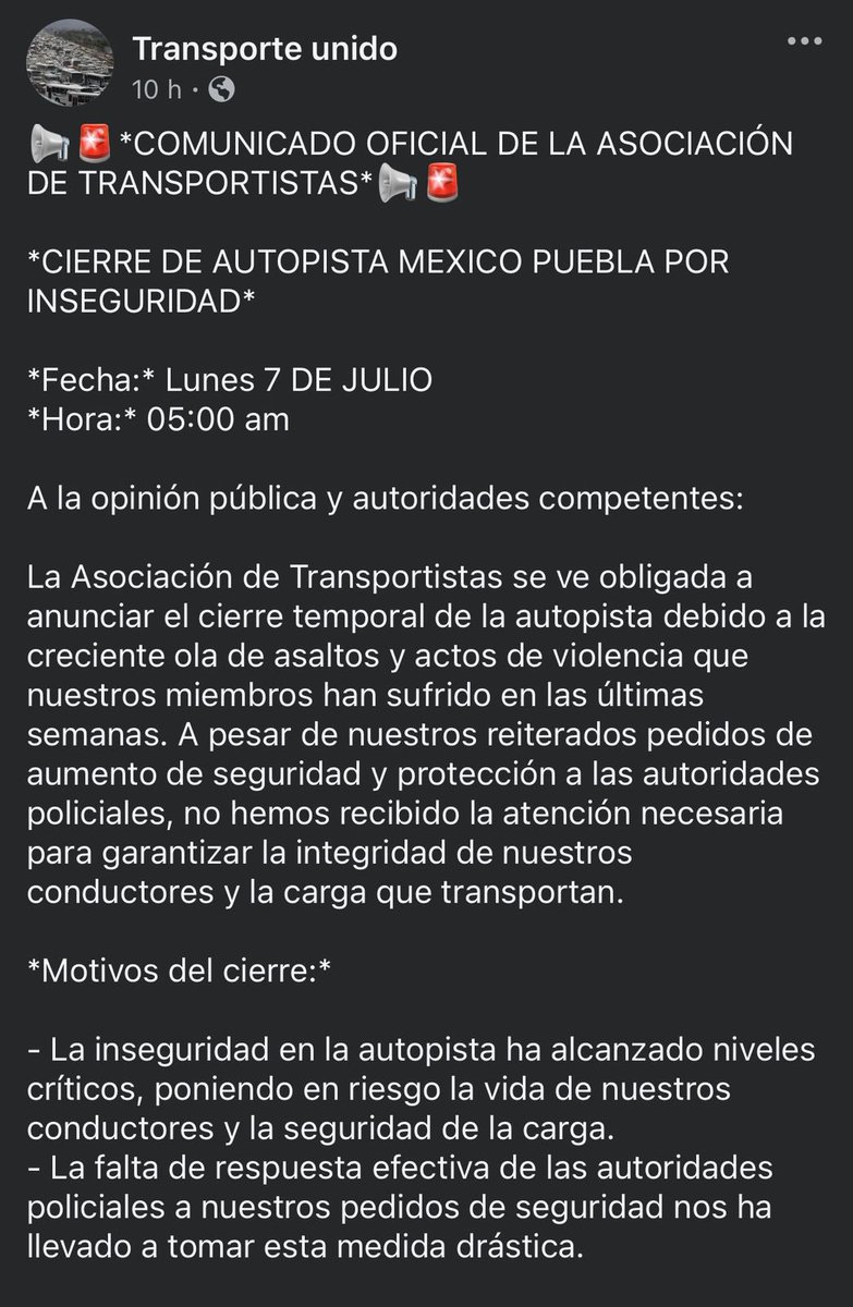 azucenau's tweet photo. 🚨 Transportistas bloquearán la autopista México-Puebla este lunes 7 de julio

Desde las 5:00 a.m., transportistas iniciarán un paro nacional y cerrarán la autopista México-Puebla en protesta por la falta de seguridad en las carreteras.

Denuncian asaltos constantes y acusan a las autoridades de no atender sus demandas. 👇🏼