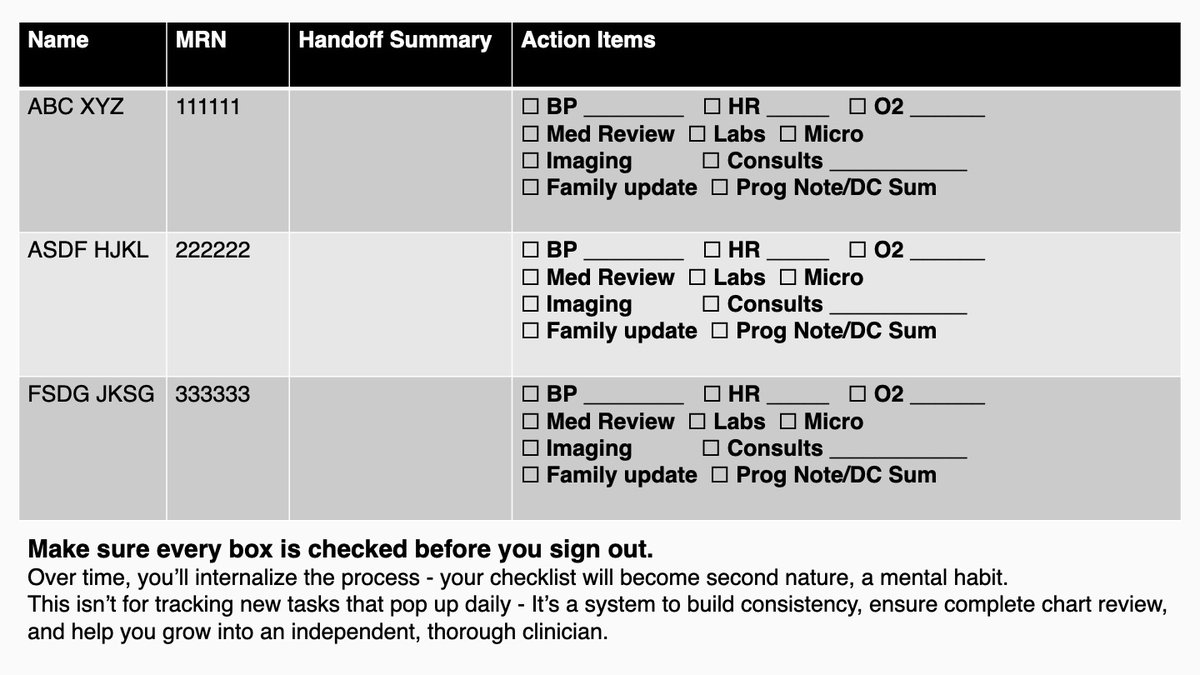 Intern year can feel like you are drowning in tasks.

Early on, I got the best advice I’ve carried since: Use CHECKLISTS

I made one for every patient &amp; added it via a SmartPhrase in EPIC’s handoff.

At first, it kept me from missing things.
Then, it became a habit.
#MedTwitter