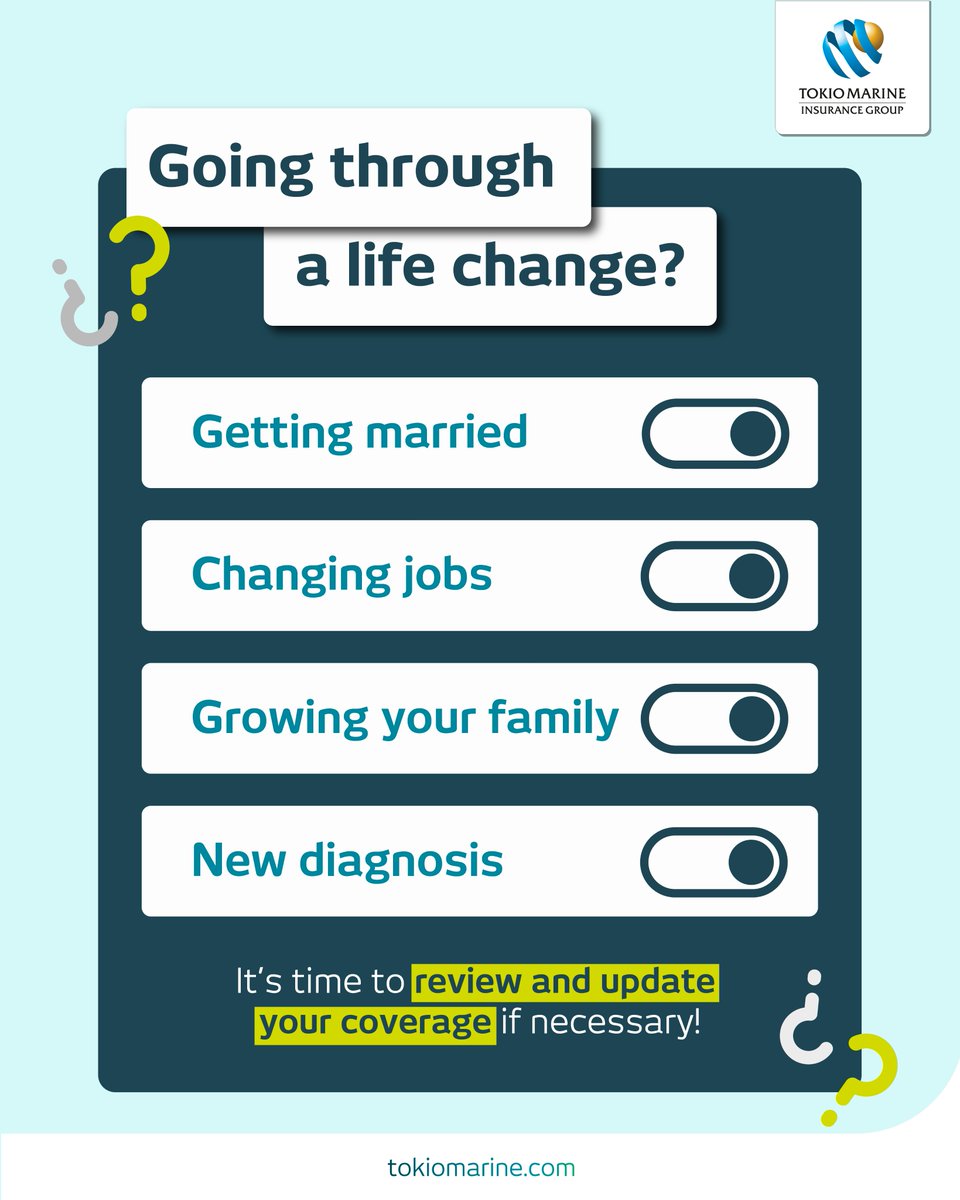 One of the biggest misconceptions about insurance is that once you’re covered, you’re set for life.

But that’s not the case! Make it a habit to review your protection plan regularly, especially if you're currently experiencing a major life change.

#TokioMarine #Insurance