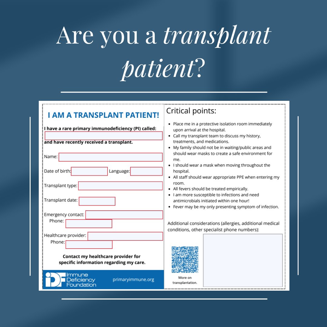 immunedeficienC's tweet image. If you're undergoing a hematopoietic stem cell transplant or have had a transplant within the last year, this card will help you communicate your condition/specialized needs during an emergency visit!
bit.ly/4l0Pwhd