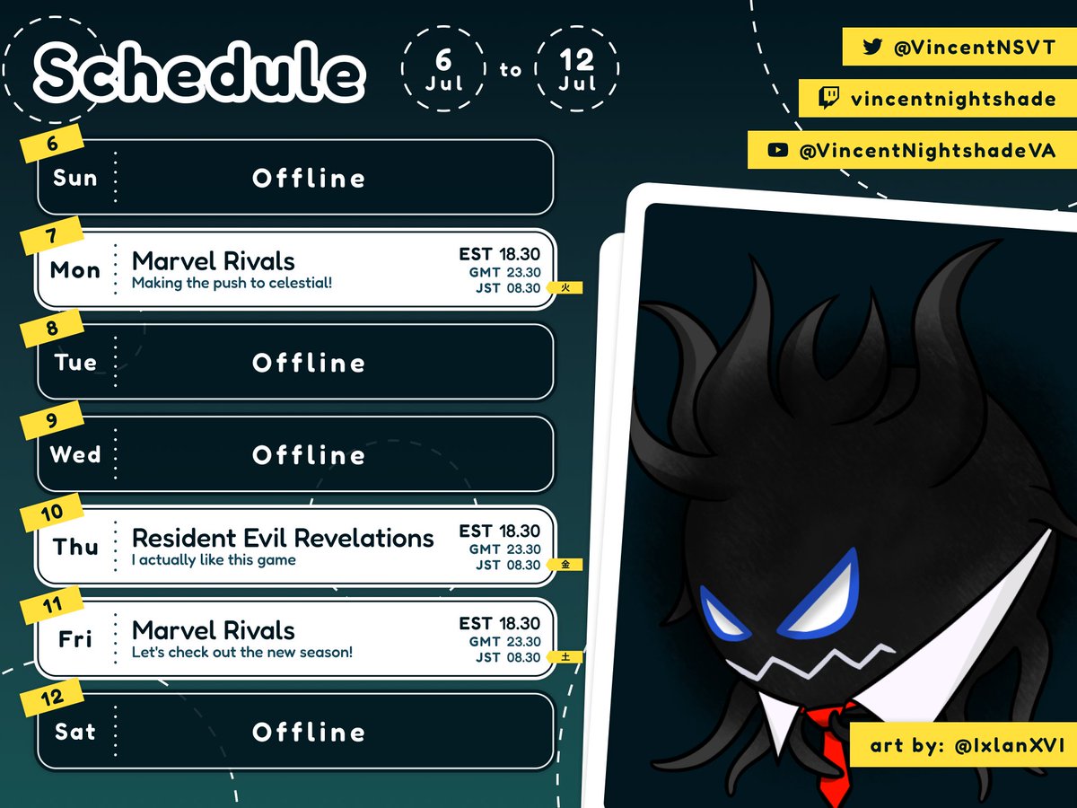 Schedule posting! A Marvel Rivals week for sure. Let's try to get Celestial before the new season starts. After that is some more Resident Evil and then we are gonna check out the new season!!