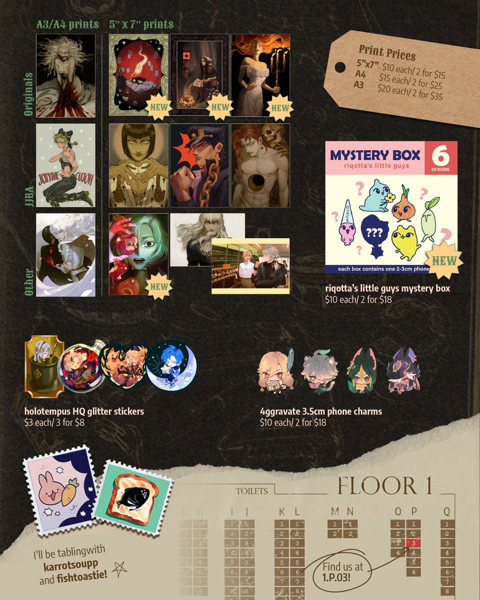 riqotta's tweet image. Here's my Sydney SMASH! 2025 Catalogue ๐บ
I'll be at 1.P.03 (Floor 1, Table P.03) with @karrots11 and @FishToastie !
I have art for idv, enstars, and more!
#smashcon #smashcon2025