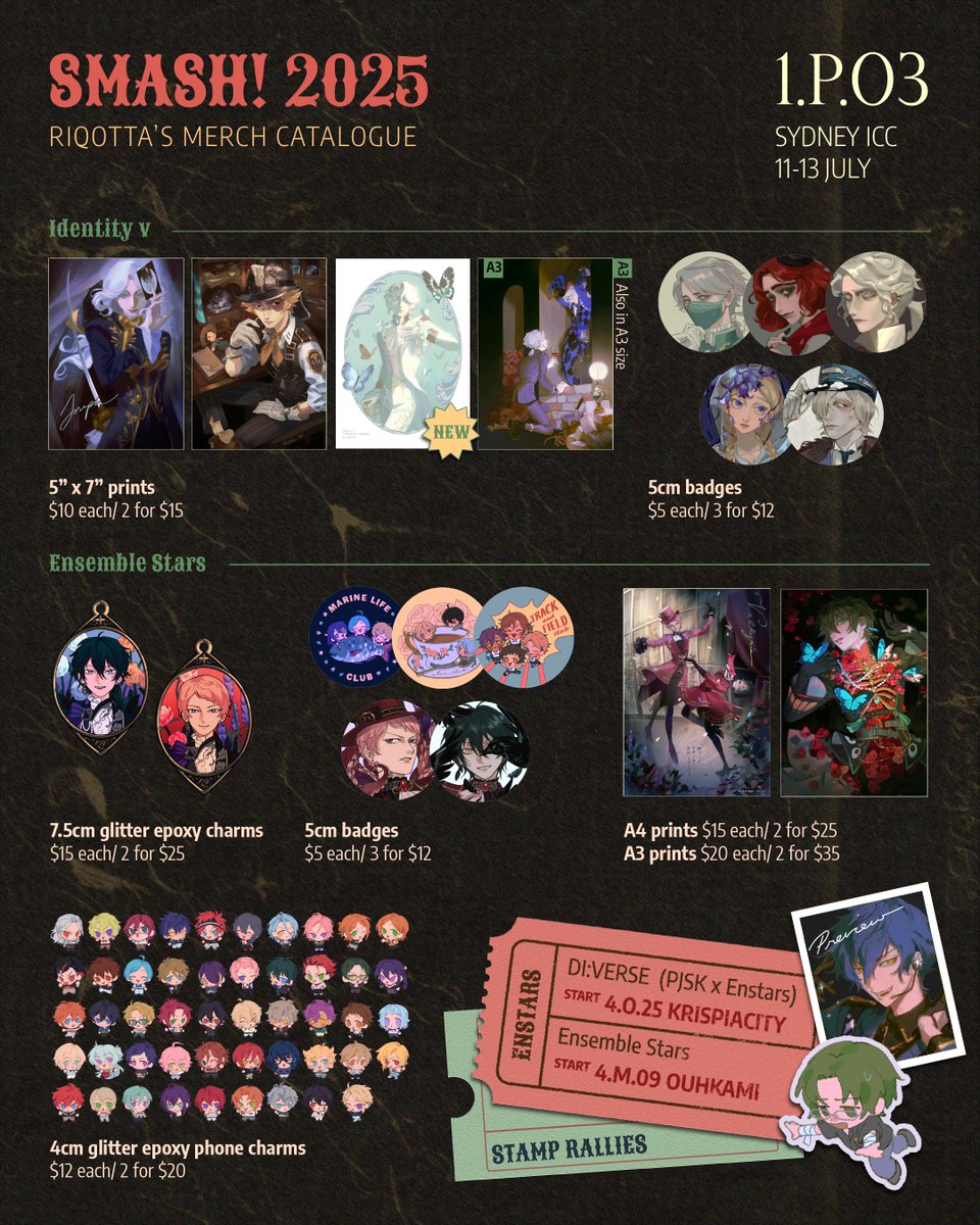 riqotta's tweet image. Here's my Sydney SMASH! 2025 Catalogue ๐บ
I'll be at 1.P.03 (Floor 1, Table P.03) with @karrots11 and @FishToastie !
I have art for idv, enstars, and more!
#smashcon #smashcon2025