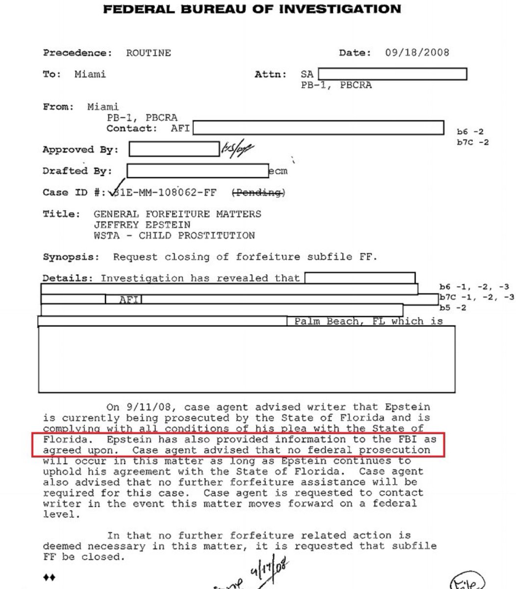 FBI was investigating  36 young girls Epstein raped and trafficked UNTIL Epstein agreed to rat out Wall St hedge fund execs for laundering money. Then Feds agreed to bury the federal charges. Here, FBI admits Epstein is their informant.