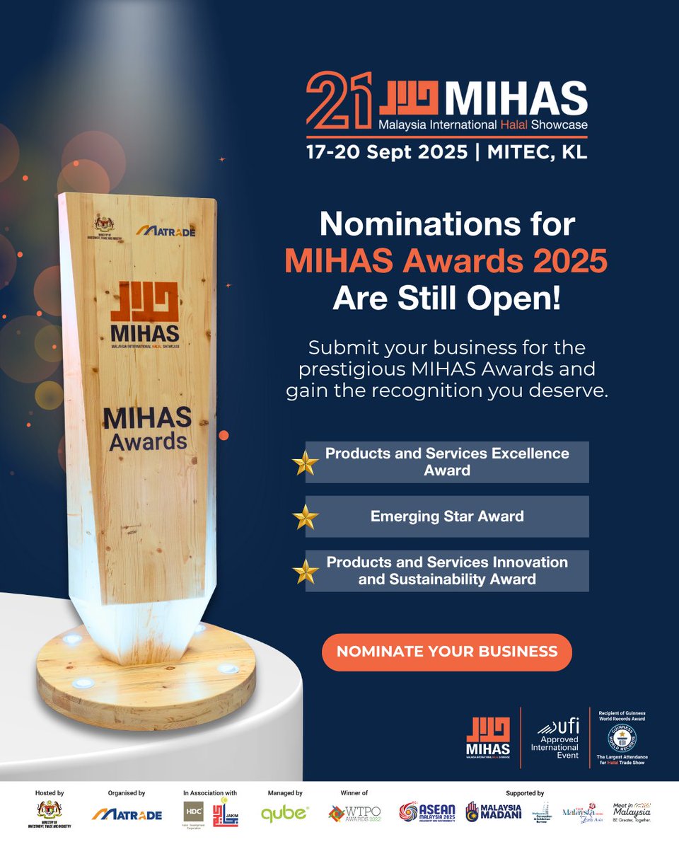 MIHAS Awards 2025 is calling Halal industry changemakers! Showcase your excellence in innovation, quality, or ESG, and gain global recognition.

Submit by 31 July, 12PM: mihas.com.my

#ThinkHalalThinkMIHAS <a href="/matrade/">MATRADE</a> #MIHAS2025 #MIHAS