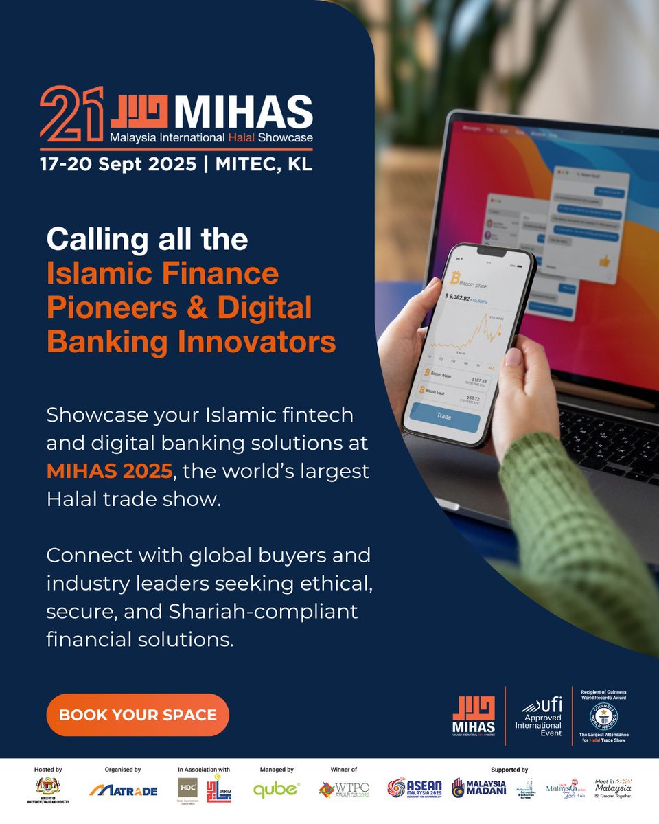 Islamic finance &amp; digital banking innovators, MIHAS 2025 is your global stage. Showcase your Shariah-compliant fintech, Takaful, or e-banking solutions to the world.

Book your space: mihas-virtual.com.my

#ThinkHalalThinkMIHAS <a href="/matrade/">MATRADE</a> #MIHAS2025 #MIHAS