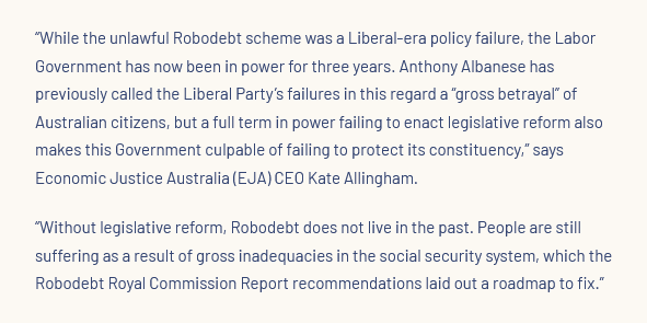 maximumwelfare's tweet image. 🚨 On the 2nd anniversary of the #RobodebtRC report, the Albanese Government is &apos;shirking legislative reform&apos;, &apos;culpable of failing to protect its constituency&apos; &amp;amp; &apos;treating the sizable portion of the population who receive social security payments with contempt&apos;, according to EJA
