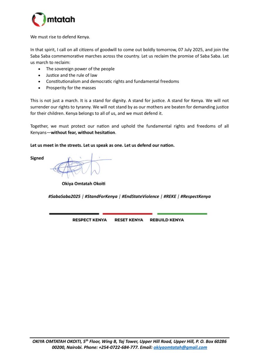 OkiyaOmtatah's tweet image. When mothers gather to demand an end to enforced disappearances and killings, they are met with hired thugs and crude weapons while the State watches and turns away.

Yet the promise of the Saba Saba lives on, that Kenyans will always rise to defend justice, freedom and their…