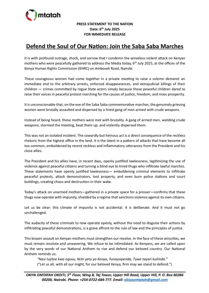 OkiyaOmtatah's tweet image. When mothers gather to demand an end to enforced disappearances and killings, they are met with hired thugs and crude weapons while the State watches and turns away.

Yet the promise of the Saba Saba lives on, that Kenyans will always rise to defend justice, freedom and their…