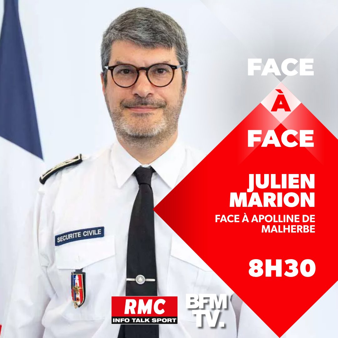 RMCInfo's tweet photo. 🎙️ Julien Marion, (@DG_SecCivile), directeur général de la Sécurité civile et de la gestion des crises, sera l’invité d'@apollinewakeup dans le #FaceÀFace @RMCInfo - @BFMTV à 8h30. https://t.co/ENN4BRLB8v