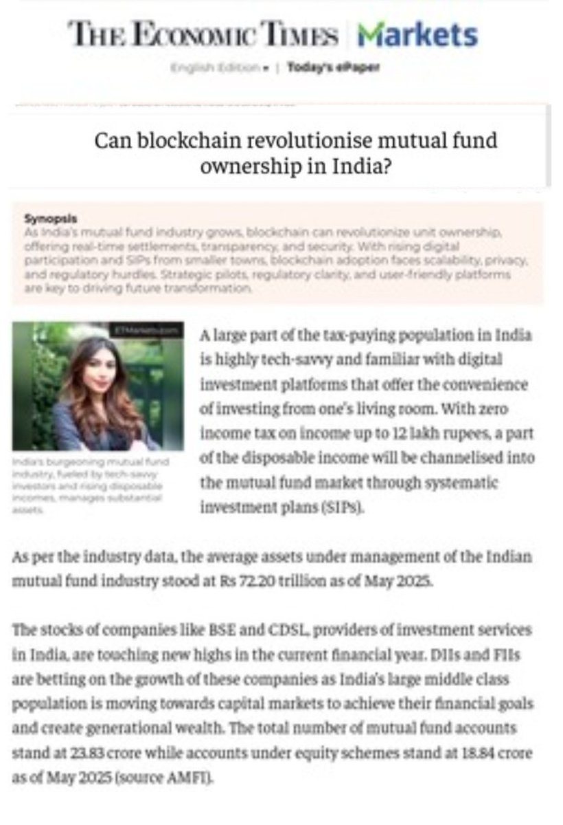 BWA_Ind's tweet image. Can blockchain transform India’s mutual fund industry?
Devika Mittal, Regional Head at Ava Labs (a BWA member), in her article published in The Economic Times, explores how tokenization, smart contracts, and real-time settlements could reshape ownership and investor protection…