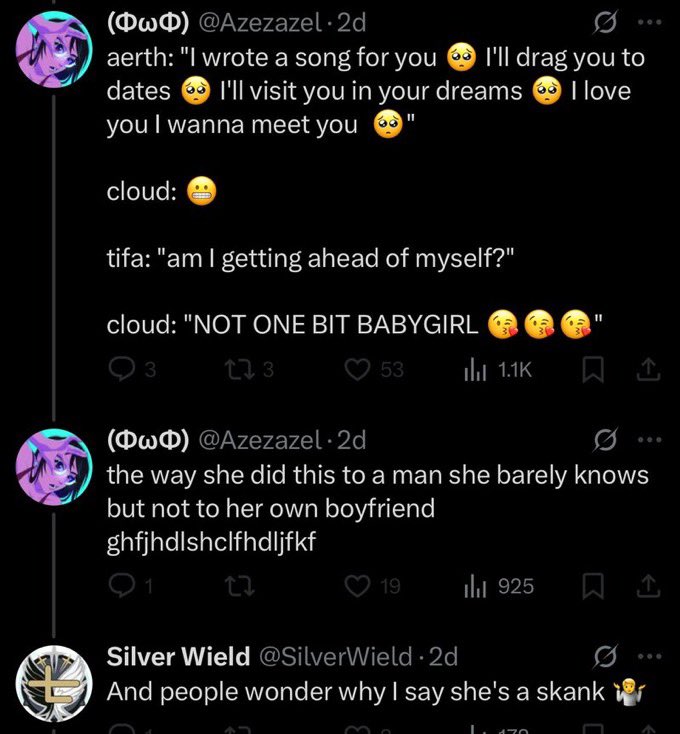 CTs and misogynist police calling me a Misogynist  for pointing out how T is sexualized through the years.

Them, proceeds into belittling Aerith and calling her a skank. 🥴😅🤣

These hypocrite clowns will always be funny to me and I will never take them seriously.