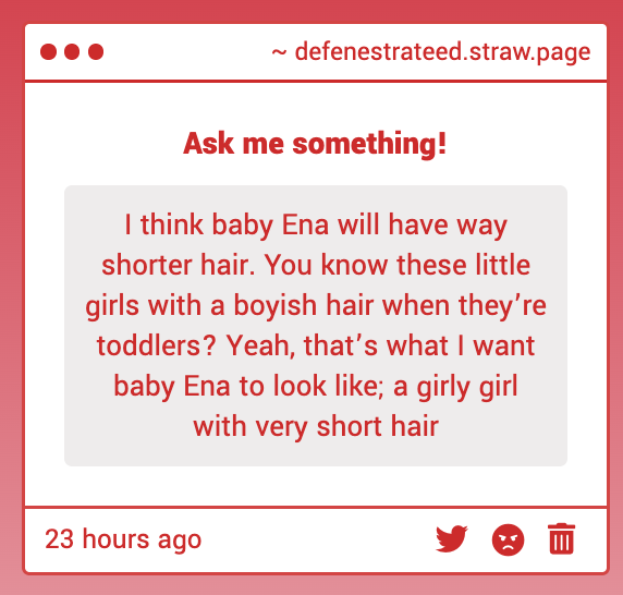 defenestrateed's tweet image. SO sorry for being late to this anon
But I love this so much, I can totally see it even though she's already out while responding to this. I personally think Shinonomom liked to style her hair very differently over the course of time and that she probably had a long era like that