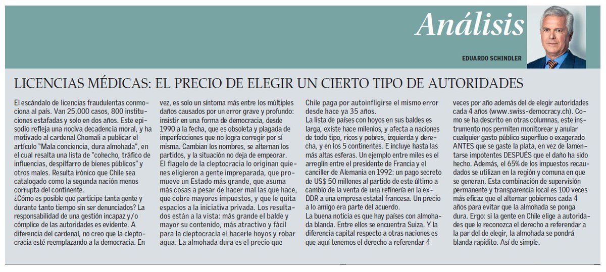 📰 “El flagelo de la cleptocracia lo originan quienes eligieron a gente sin preparación, que promueve un Estado más grande, que asuma más cosas a pesar de hacer mal las que hace”, afirma Eduardo Schindler en la columna de opinión.
digital.elmercurio.com/2025/07/07/B/I…