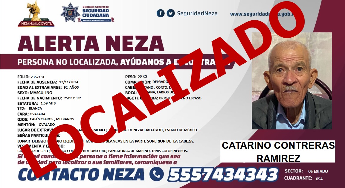 ✅ #AlertaNeza| Agradecemos tu ayuda, #Catarino Contreras Ramírez, ha sido localizado.
