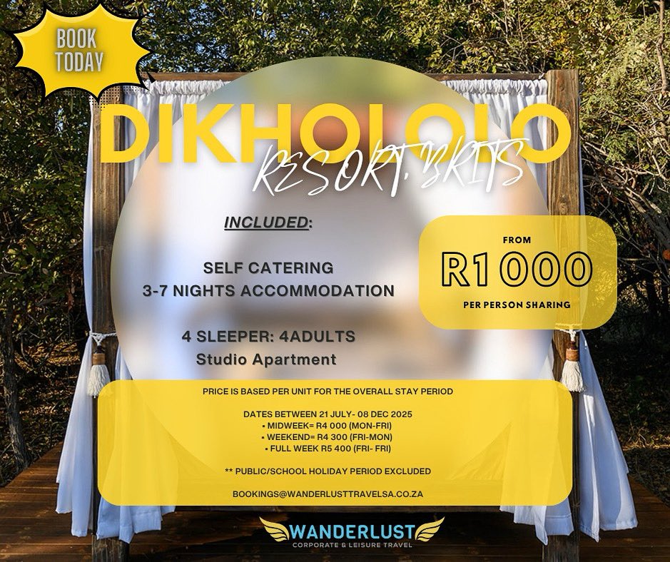 📍Dikhololo Resort, Brits 

Unplug and unwind in the bush. Self-catering stays from R1000 pp sharing

✅ Perfect for 4 adults
✅ Midweek from R4 000 | Wknd from R4 300

📅 Travel between 21 July – 08 Dec 
Excludes public/school holidays

📩 bookings@wanderlusttravelsa.co.za