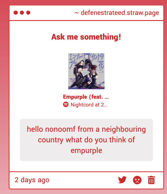 defenestrateed's tweet image. Harumaki Gohan peak. When Empurple first came out, I genuinely looped it for 2 months on repeat it's too good
Heh also did you know that the same artist (@/mikanoisi_) who drew the Empurple sprites in the 2DMV also drew the ones in I nandesu, so therefore mafuena is real.