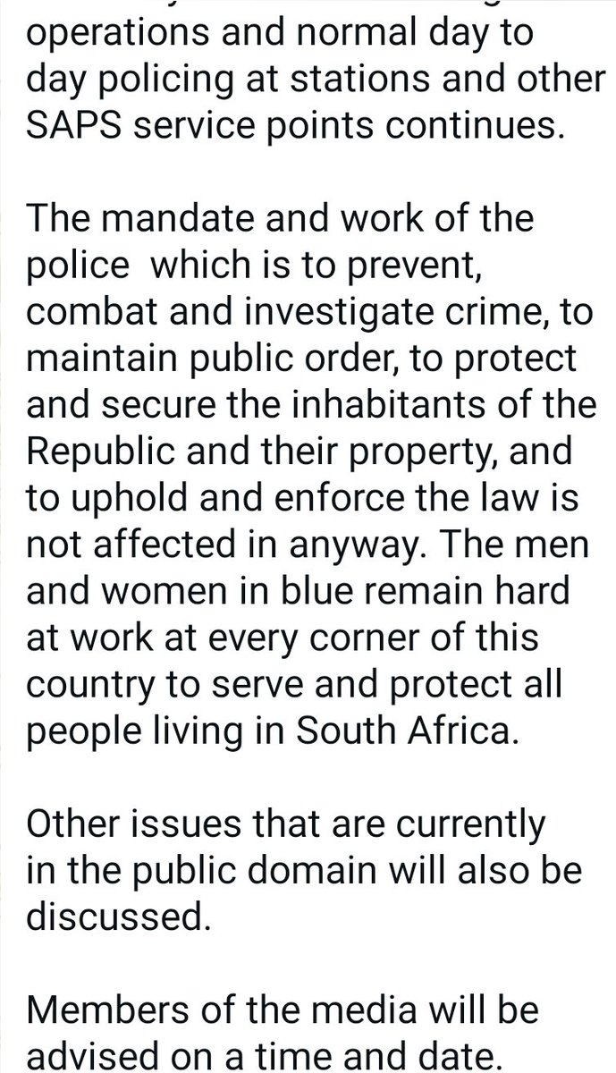 [UPDATE]

A statement from the National Police Commissioner General Fannie Masemola. 
'Normal day to day' policing operations continue. 
Masemola will also announce an acting Divisional Commissioner for Crime Intelligence this week. 
Issues currently in the public domain will be