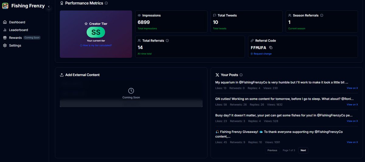 The creator dashboard for <a href="/FishingFrenzyCo/">Fishing Frenzy</a> is honestly spectacular, and yes, I’ll keep saying it. I love to see so many Ronin creators I know in the leaderboard.

I’m really glad to see <a href="/Immutable/">Immutable</a> adopting a similar model with <a href="/RavenIdle/">RavenIdle</a> creators contest. More games should follow