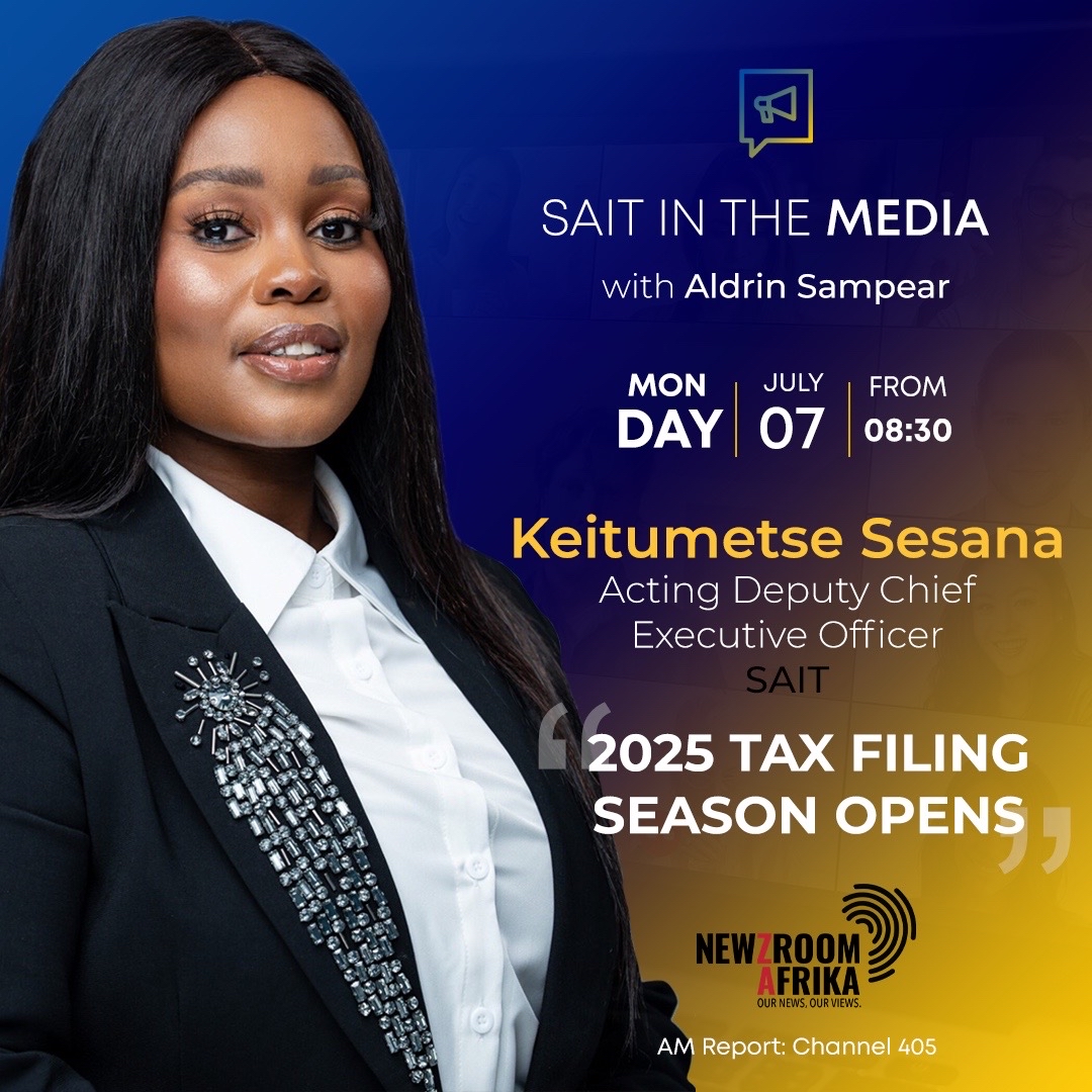 ins_sait's tweet photo. 📺 Happening this morning❗️ 
SAIT’s Acting Deputy CEO, Keitumetse Sesana, joins Aldrin Sampear on @Newzroom405 to unpack everything you need to know about the 2025 Tax Filing Season — including key requirements and common pitfalls to avoid.  

🕣 Tune in at 08:30 on DStv Channel 405. Don’t miss it!  #TaxSeason #TaxTips #SARS #eFiling #FilingSeason #TaxReturn