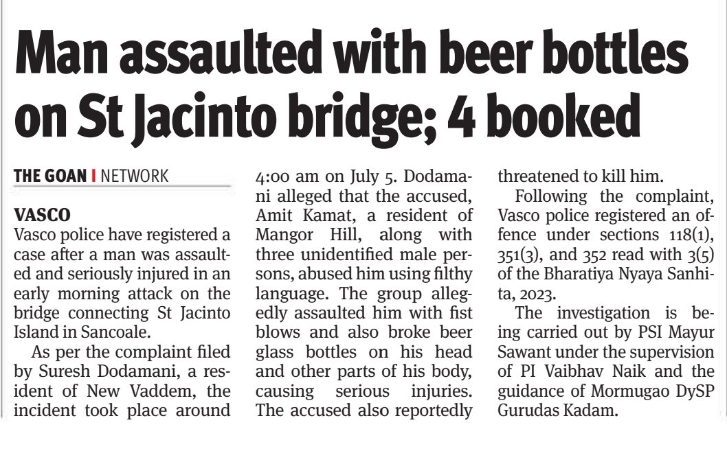 thegoanonline's tweet image. THE GOAN | Man #assaulted with beer bottles on #StJacinto bridge; 4 booked

Read more: thegoan.net/goa-news/man-a…

#Goa #News #Headlines