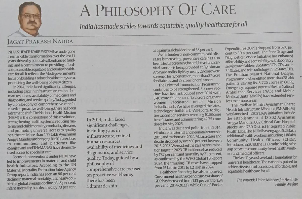 “The last 11 years have laid a foundation for universal healthcare. The nation is poised to achieve its vision of accessible, affordable, and equitable healthcare for all.”

Union Health Minister, Shri Jagat Prakash Nadda, in his article “A Philosophy of Care” in The Indian