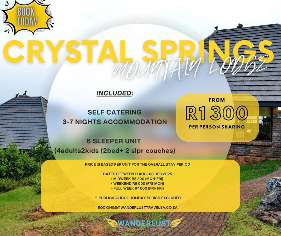 📍Crystal Springs Lodge

Escape to the mountains without breaking the bank from just R1300pp sharing.

✅ 6 Sleeper unit | 3-7 nights
✅ Midweek R5 200 | Weekend from R6 000

📅 Travel between 11 Aug – 08 Dec
Excludes public/school holidays

📩 bookings@wanderlusttravelsa.co.za