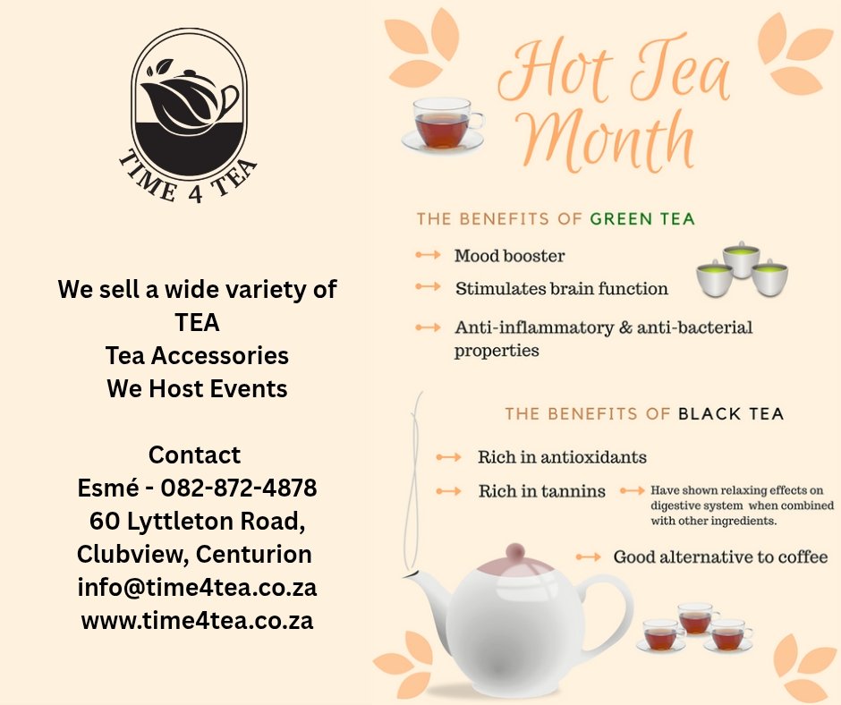 Maria_4ever_Sharky (@mariasto123) on Twitter photo Time 4 Tea
Events Host, Loose leaf tea distributor and specialty tea supplier.
Esmé 0828724868
info@time4tea.co.za
Visit us at
60 Lyttelton Road Clubview Centurion
Orders - time4tea.co.za
#Time4Tea
#HealthWellness #Love4Tea
#TeaGifts #GiftIdeas
#EarlGrey #Herbal Time 4 Tea
Events Host, Loose leaf tea distributor and specialty tea supplier.
Esmé 0828724868
info@time4tea.co.za
Visit us at
60 Lyttelton Road Clubview Centurion
Orders - time4tea.co.za
#Time4Tea
#HealthWellness #Love4Tea
#TeaGifts #GiftIdeas
#EarlGrey #Herbal