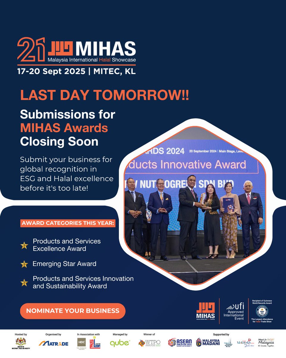 Last chance to nominate for MIHAS Awards 2025!
Submit by 31 July, 12PM for a shot at global recognition in Halal excellence or innovation &amp; sustainability.

Submit now: mihas.com.my

#ThinkHalalThinkMIHAS <a href="/matrade/">MATRADE</a> #MIHAS2025 #MIHAS