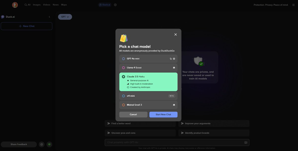 genZ_Tigers's tweet image. Switched back to #DuckDuckGo after a year (been using google for some obvious reasons), and really got excited with this feature.
-> A.I even started to reshape search-engines a lot recently!
-> All the other 3-LLMs are really great for programming!