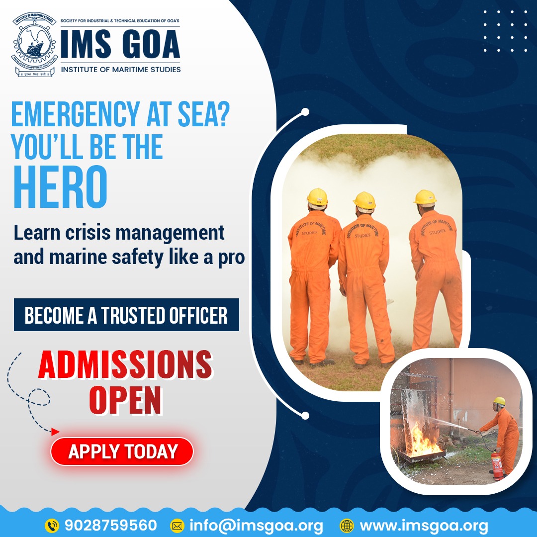 IMS_Goa's tweet image. 📢 Ready to Be the Hero in a Sea Emergency? 🚢🔥
Train at IMS GOA – where courage meets career.
Learn marine safety, crisis management, and emergency response like a true professional.
📌 Admissions Open – Apply Today #BeTheHero #IMSGOA #MarineCareers #AdmissionsOpen