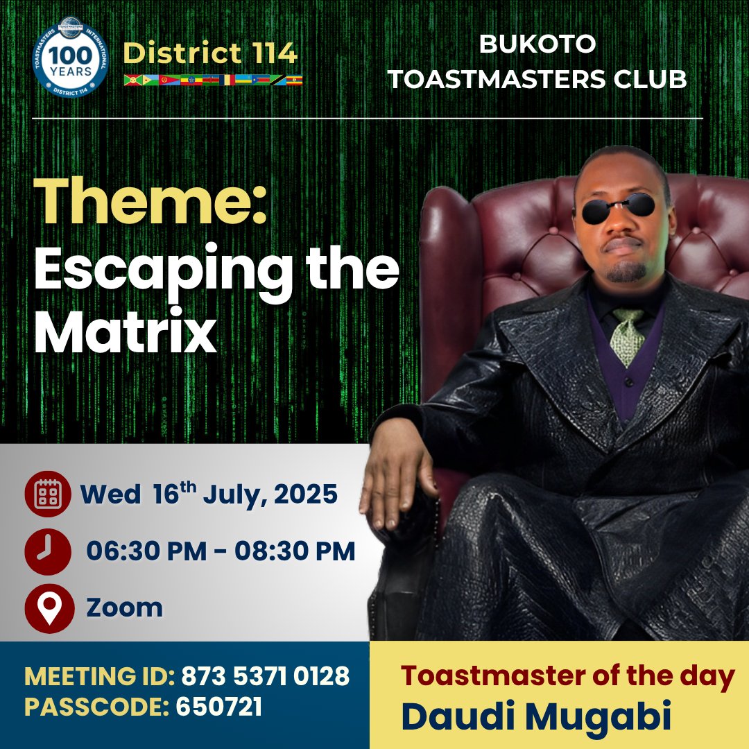 🎬 Bukoto Toastmasters invites you to a mind-bending Zoom experience on Wednesday, 16th July 2025 at 6:30 PM 🕡