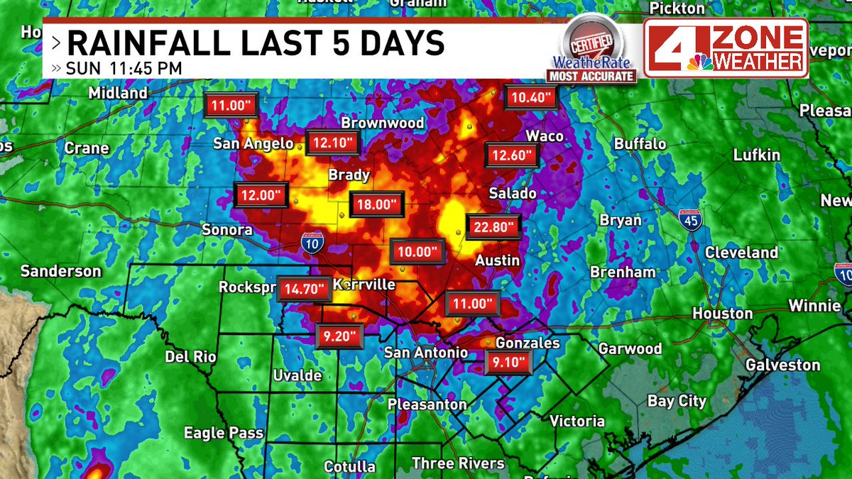 ChrisSuchanWOAI's tweet image. Radar estimate of total rainfall last 5 days across chunk of Texas hardest hit by this string of days.