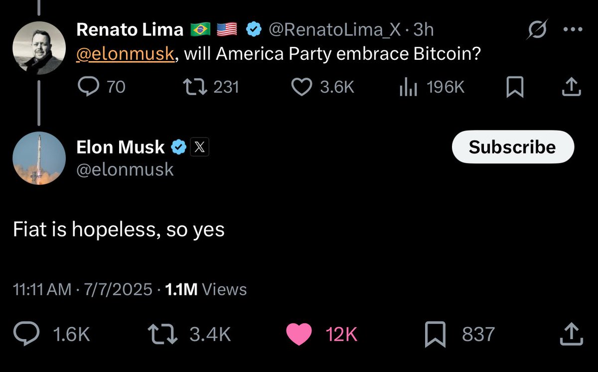 bitcoinrunner_'s tweet image. ‘Fiat is hopeless’ - Elon Musk

#Bitcoin is hope.