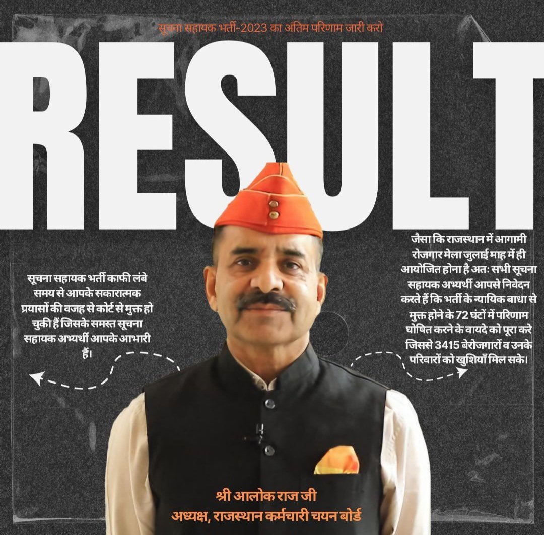 सूचना सहायक भर्ती 2023 
<a href="/alokrajRSSB/">Alok Raj</a> सर आपके प्रयास से हमारी भर्ती कोर्ट मुक्त हो गई अब आप जल्द से जल्द हमारा रिजल्ट और निकाल दो जिससे आगामी रोजगार मेले में हमे नियुक्ति पत्र मिल सके।
<a href="/Ra_THORe/">Col Rajyavardhan Rathore</a> 
<a href="/BhajanlalBjp/">Bhajanlal Sharma</a> 
<a href="/DoITCRaj/">Dept of IT&C, Raj</a>