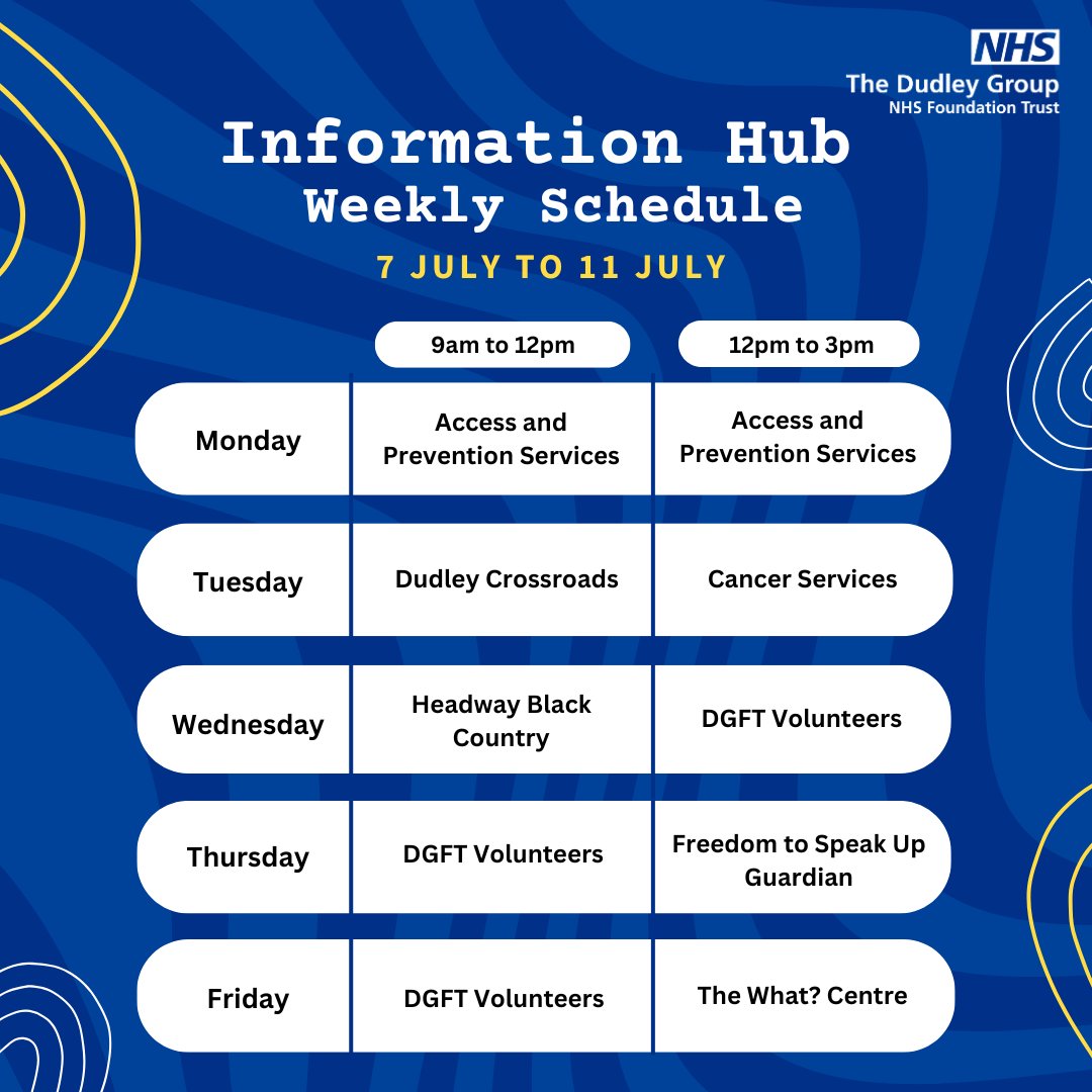 The Dudley Group (@dudleygroupnhs) on Twitter photo Our Information Hub located in the main reception area at Russells Hall Hospital is now open.
Please see the schedule below to see the services and organisations who will be at the Hub this week โฌ๏ธ Our Information Hub located in the main reception area at Russells Hall Hospital is now open.
Please see the schedule below to see the services and organisations who will be at the Hub this week โฌ๏ธ