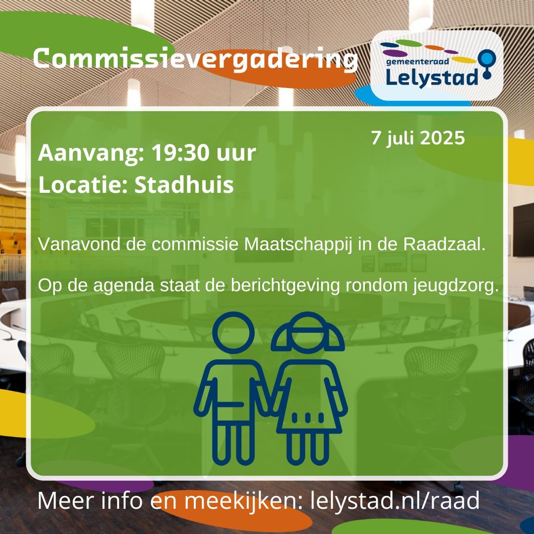 Vanavond een extra ingeplande commissie Maatschappij in de Raadzaal. Welkom in het Stadhuis! Meer info en online meekijken kan via: 
#raadslid #raadsleden #gemeenteraad #lelystad #raadvanlelystad