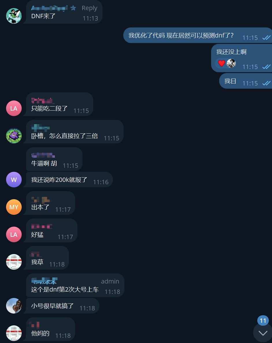 今天对金狗2号预报系统修改了算法，小市值的也可以报了。预报了第一单，没想到顶级聪明钱 <a href="/Ga__ke/">gake</a> 随后上车了。直接翻倍。

不管是小市值的还是大市值的，拿来参考我觉得都是不错的。小市值的反而倍数可观，还是需要自己把握了。
替代人工扫链，提高效率。
机器人频道： t.me/orcabotsignal