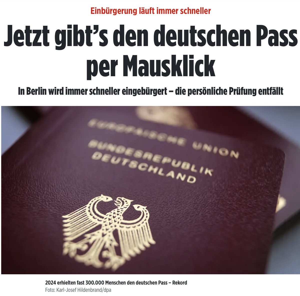 Deutscher Pass per Mausklick. Es ist der ultimative Angriff auf unser Gemeinwesen: Dass sich auch der gewissenloseste Schreibtischtäter nicht schuldig fühlen muss, wenn er unsere Staatsbürgerschaft an ein Monster verramscht.

bild.de/politik/inland…