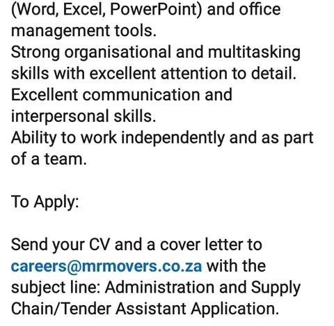 Umtapo Womsebenzi 2 (@nthabelengdlam5) on Twitter photo Mr Movers is hiring a Office Administration & Supply Chain/ Tender Assistant in Pretoria.
Email your CV and cover letter to careers@mrmovers.co.za Mr Movers is hiring a Office Administration & Supply Chain/ Tender Assistant in Pretoria.
Email your CV and cover letter to careers@mrmovers.co.za