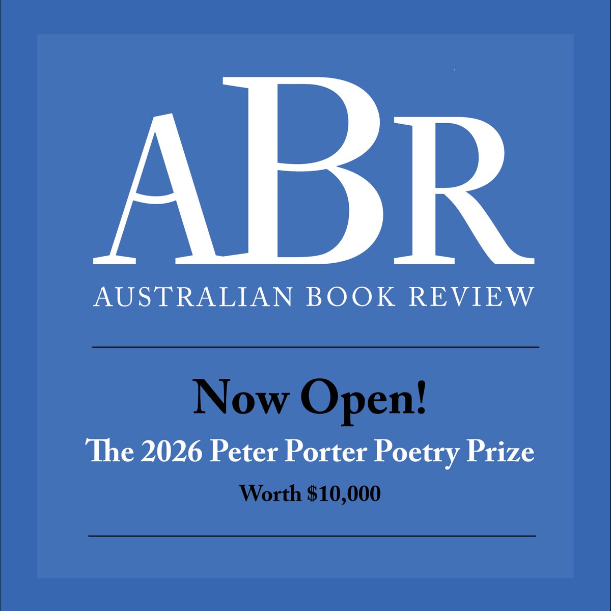 AustBookReview's tweet image. Australian Book Review is delighted to announce that the 2026 Peter Porter Poetry Prize is now open for entries. The prize, worth a total of $10,000, will be judged Judith Bishop, Felicity Plunkett, and Anders Villani.
australianbookreview.com.au/prizes-program…