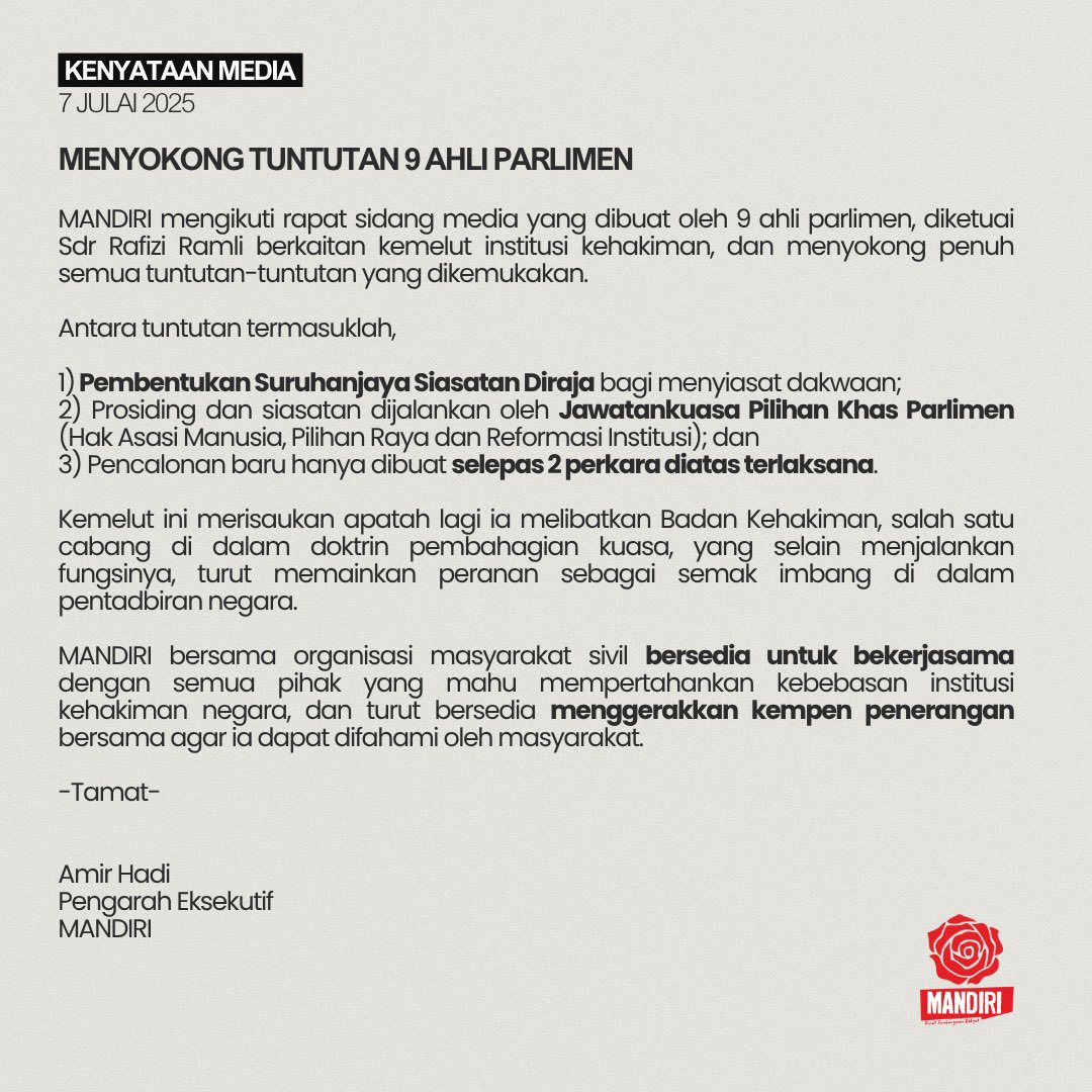 Amirx Abd Hadi (@amirxabdhadi) on Twitter photo Kenyataan Media
7 Julai
MENYOKONG TUNTUTAN 9 AHLI PARLIMEN
<a href="/MandiriMY/">Mandiri - Pusat Pembangunan Rakyat</a> Kenyataan Media
7 Julai
MENYOKONG TUNTUTAN 9 AHLI PARLIMEN
<a href="/MandiriMY/">Mandiri - Pusat Pembangunan Rakyat</a>